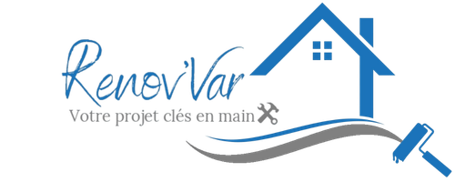 Logo RenovVar avec maison bleue, tagline Votre projet clés en main et outils de rénovation